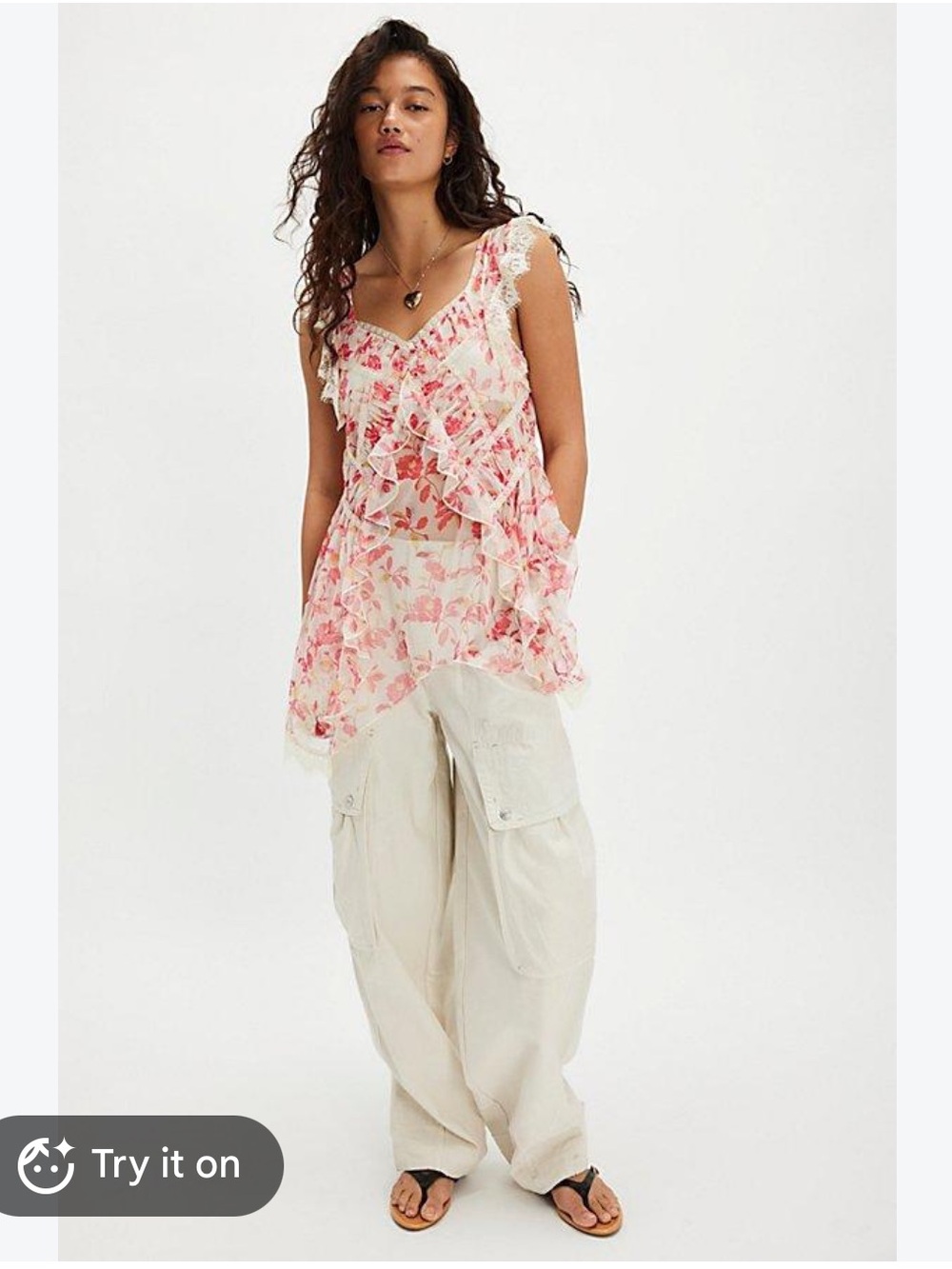 Free People Floral Ruffle Tunic Top in Pink and Cream
